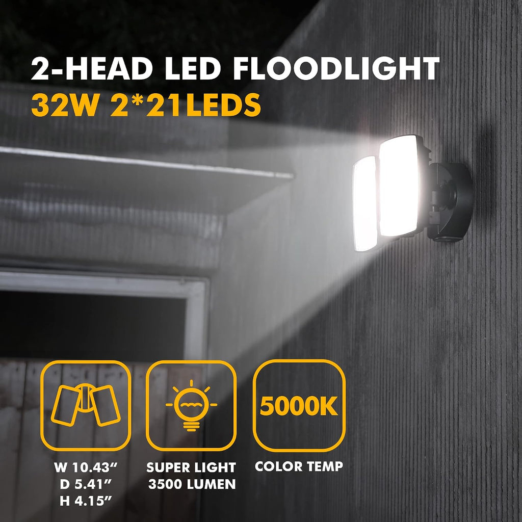 LED 3500 Lumen 32W 5000K Integrated Dual-Head Floodlight Outdoor Dusk to Dawn Waterproof Exterior Security Wall Light