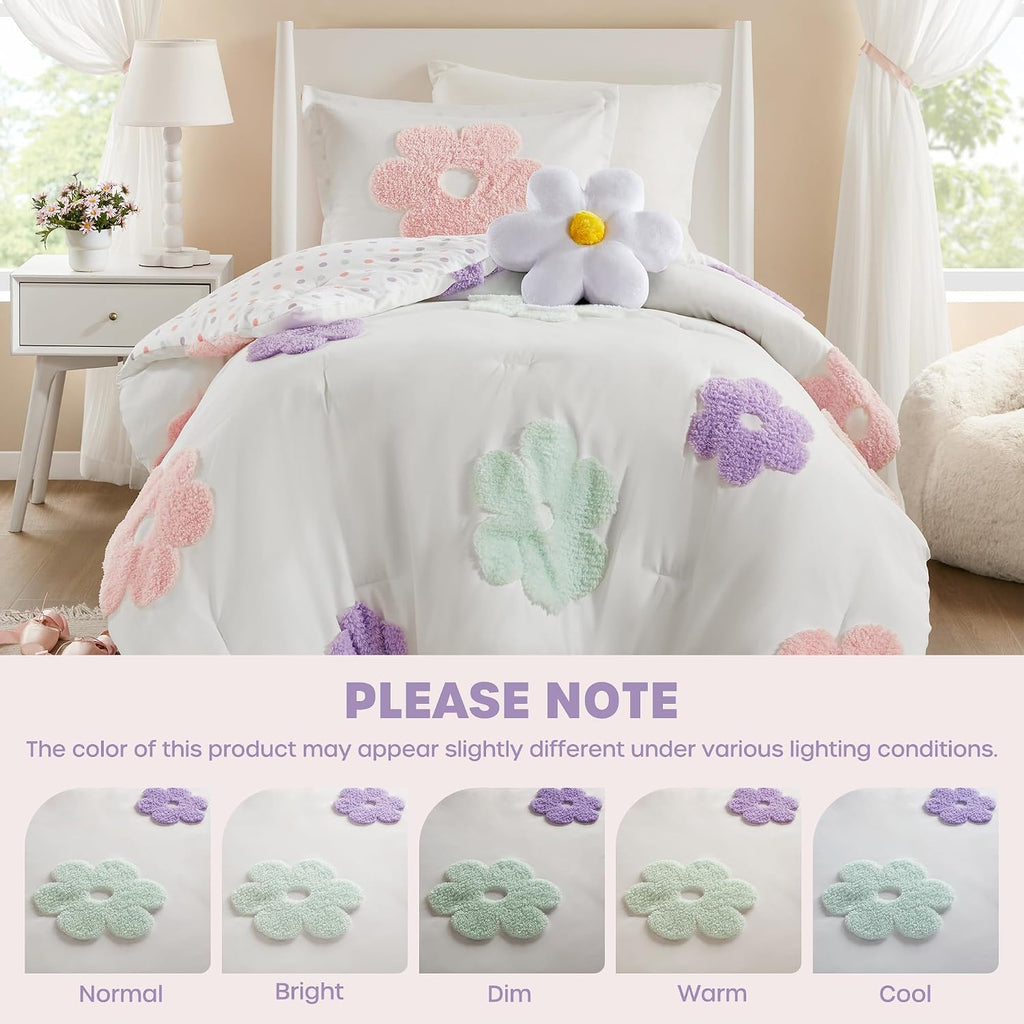 Kids Comforter Set for Girls, Tufted Chenille Floral Comforter Set, Lightweight Polka Dot Comforter