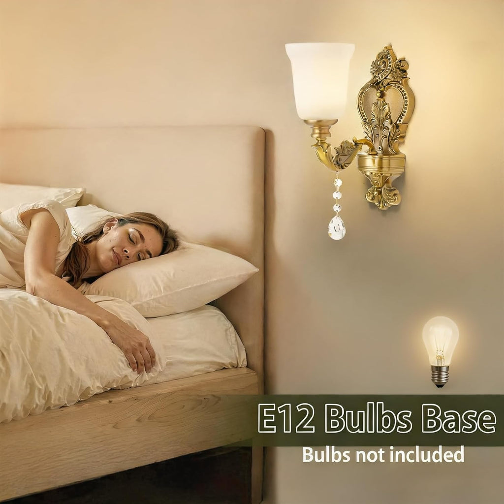 2-Pack Retro Gold Wall Sconce with Milk White Glass Shade, K9 Crystal Pendant, Hardwired Vintage Wall Lamp Lighting