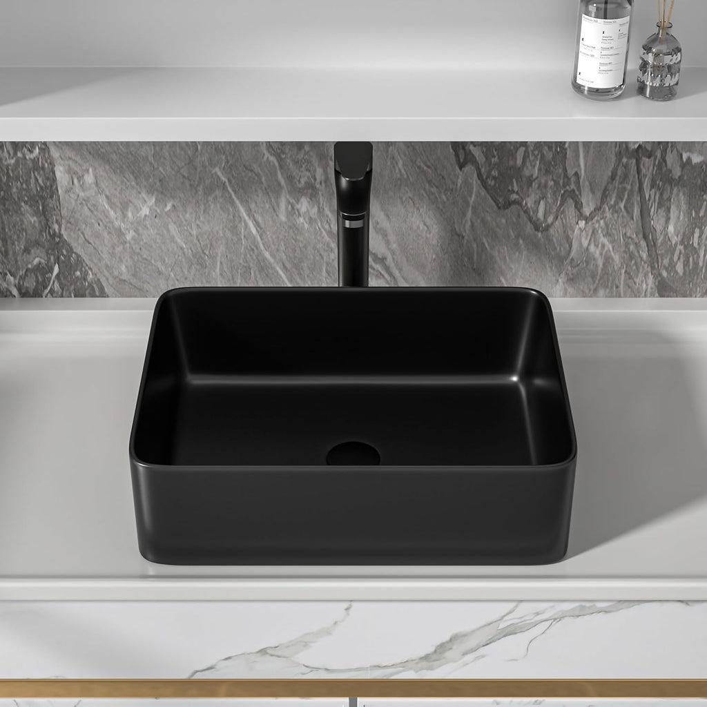19"x15" Bathroom Vessel Sink Rectangular - Matte Black Porcelain Ceramic Rectangle Above Counter Vanity Lavatory Bath Sink Art Basin with Faucet & Pop-Up Drain