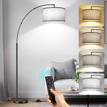 81" Arc Floor Lamp, 12W LED Dimmable Floor Lamp with 16" Gray Lampshade, Remote Control & Foot Switch, 4