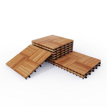 Solid Gold Acacia Wood Interlocking Deck Tiles - Waterproof Snap Together Patio Flooring for All Weather Use on
