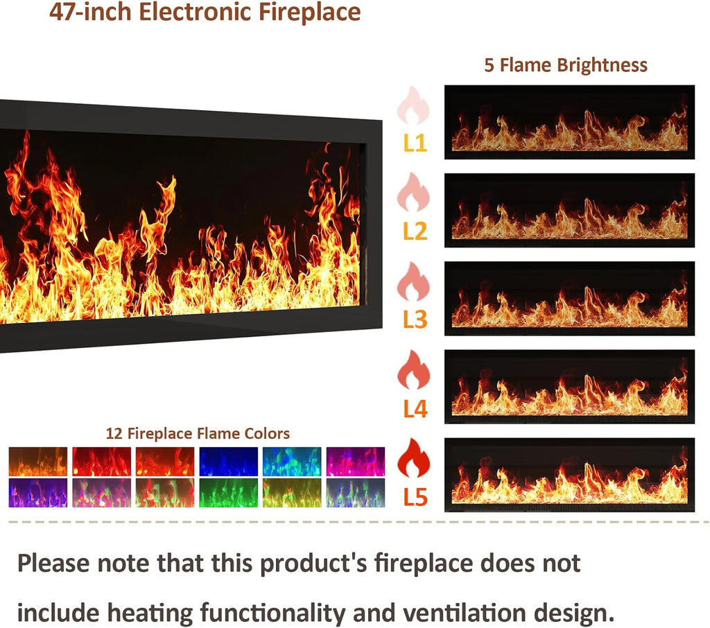 94.5" Black Fireplace Tv Stand with 47 inch Electronic Fireplace, Unheated Entertainment Center with 5 Flame
