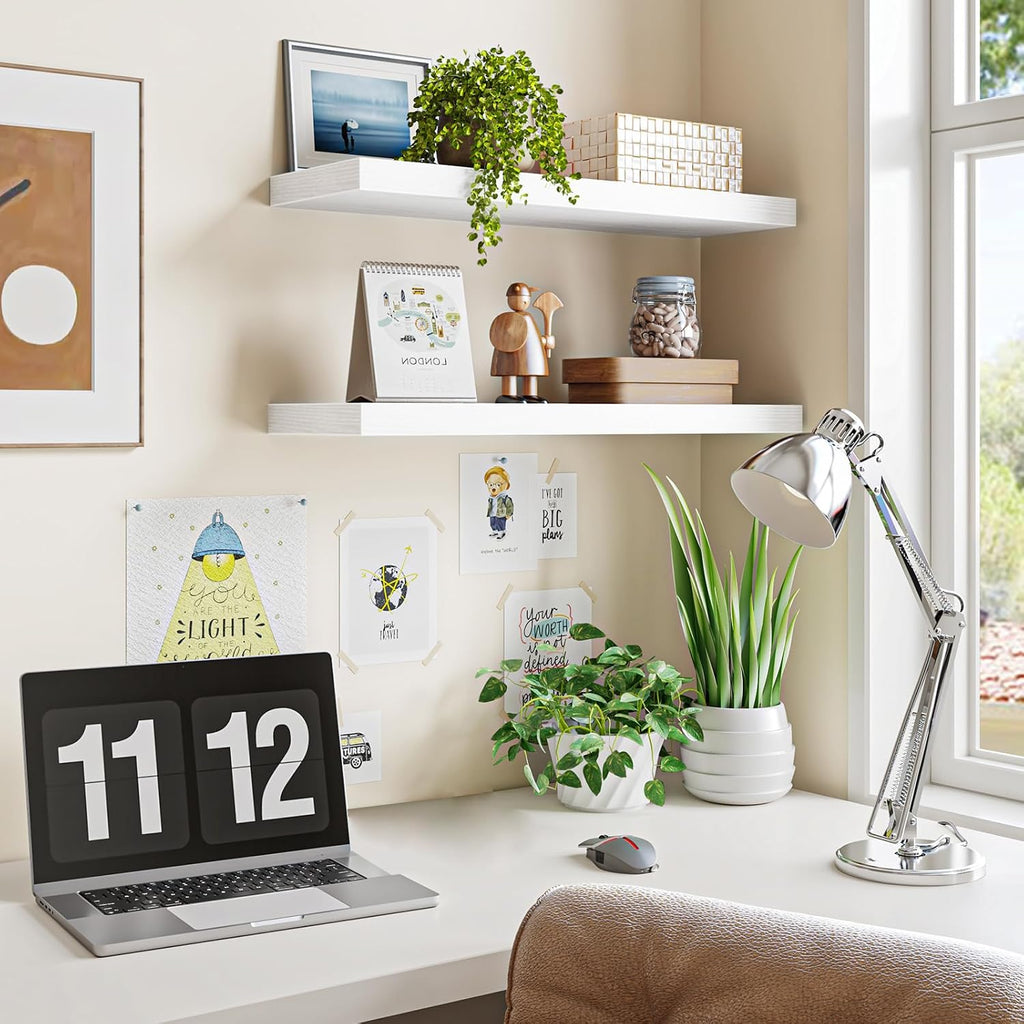 Floating Wall Shelves for Decor (White, Set of 2, 22Inch) | MDF Shelf with Metal Brackets, Space Saving for Books