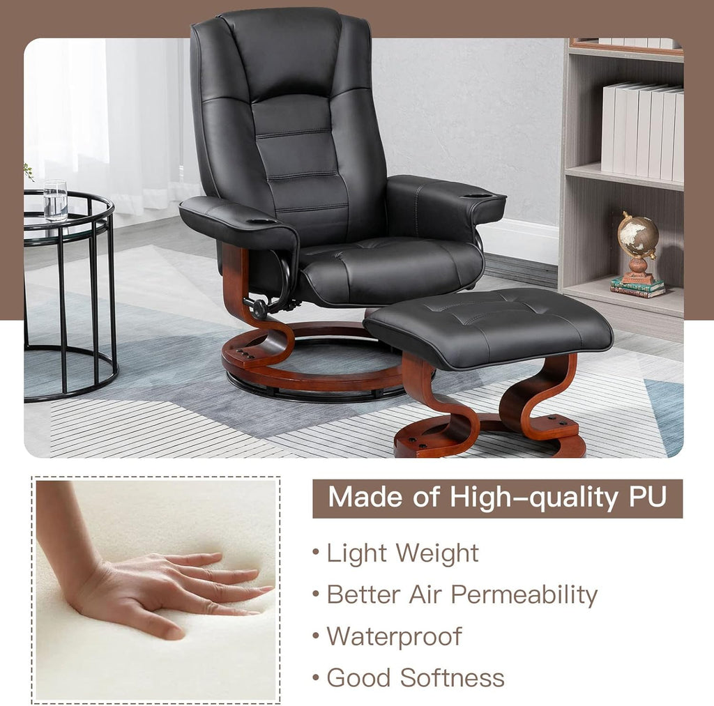 Modern Reclining Swivel Lounge Chair and Ottoman — Black Faux Leather