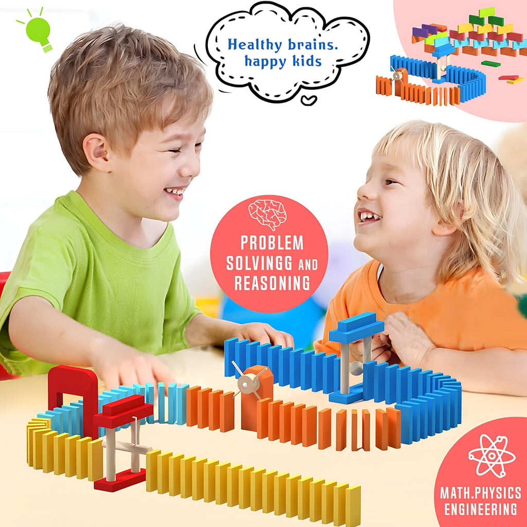 1200 PCS Wooden Dominoes Set with 11 Extra Add-on Domino Blocks & Storage Bag - Bulk Dominos Racing Game for Kids