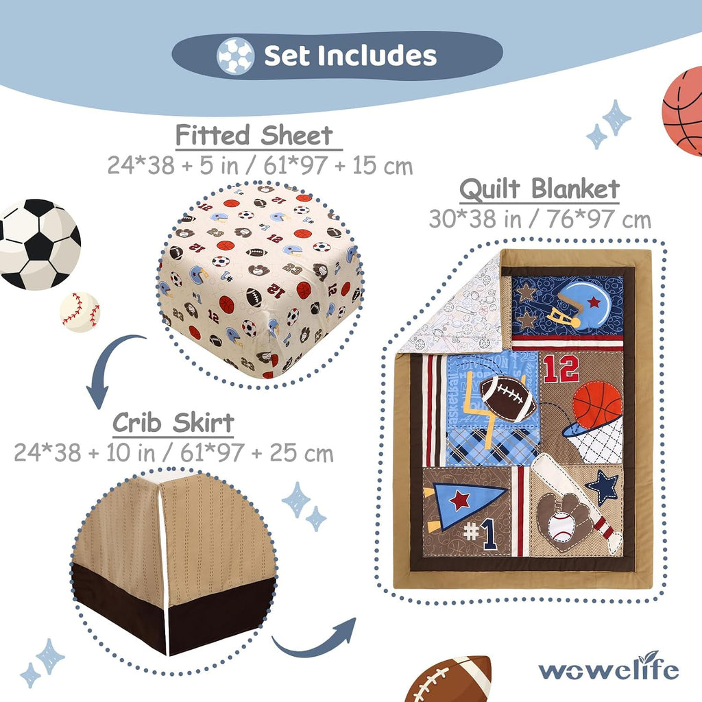 Sports Mini Crib Bedding Set Boys Brown 3PCs Mini Crib Comforter Set Basketball Baseball Rugby Nursery Bedding Sets