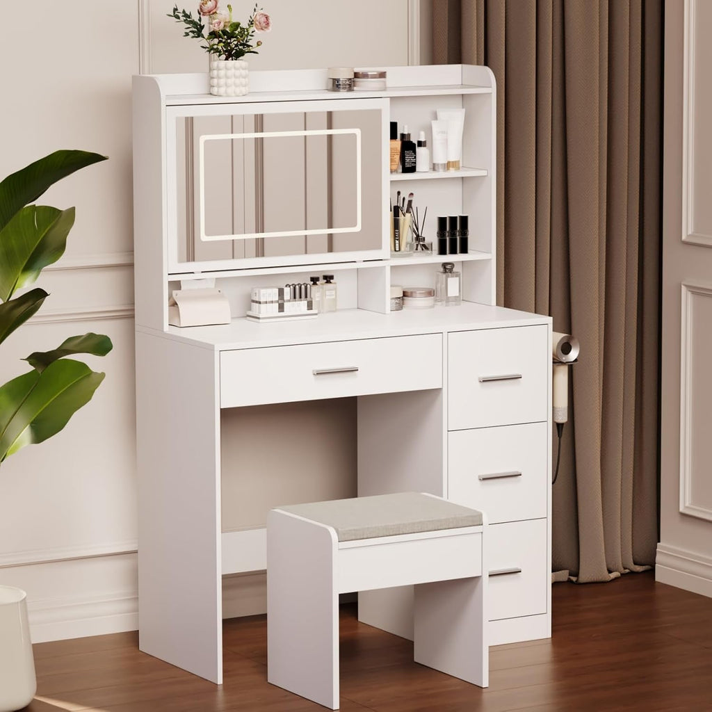 Vanity Desk with a Mirror and Lights,with Chair and Four Drawers, Three Adjustable Lighting Modes,with Power Outlet