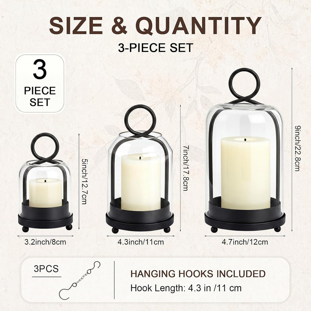3 Set Hurricane Glass Candle Holder with Hanging Hook,Black