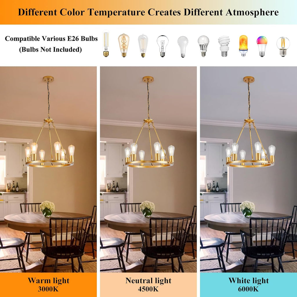 Inspired Camino Style Chandelier - 6 Lights Gold Wagon Wheel Chandelier, Modern Golden Pendant Lights Fixtures for Living Room, Bedroom, Entryway, Foyer, Haning Light with 18.1", E26 Bulbs