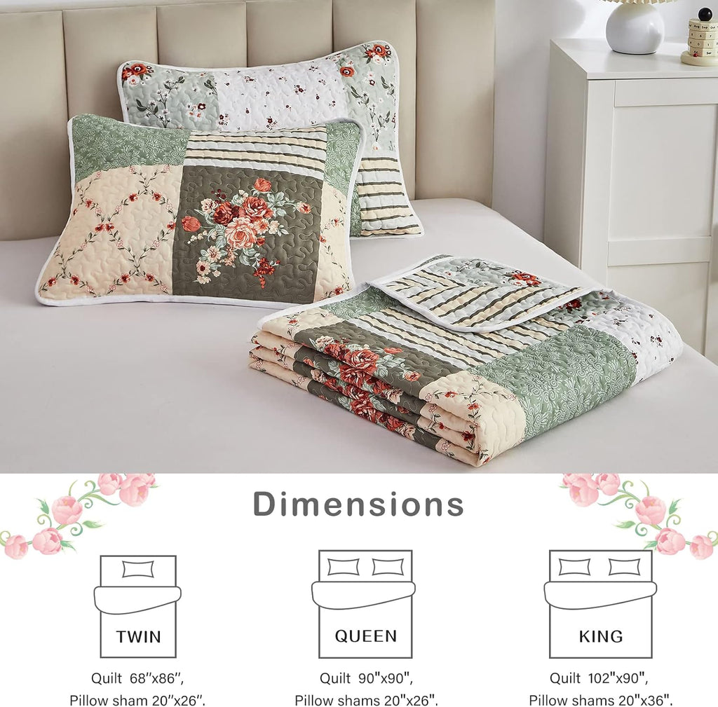 Patchwork Quilt Set Full/Queen, 3 Pieces Green Floral Plaid Summer Bedspread Coverlet Set, Soft Microfiber Reversible