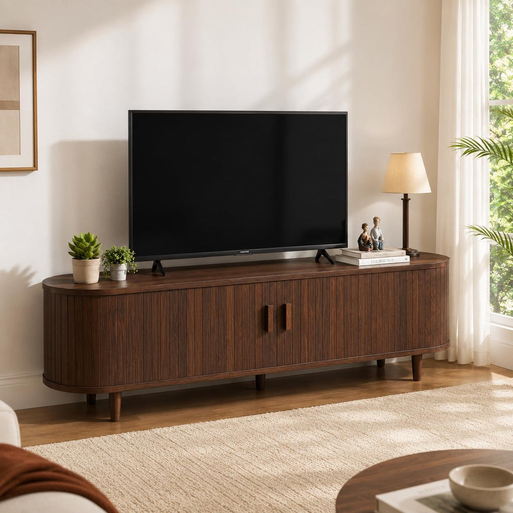 58" Mid-Century Modern TV Stand with Sliding Doors, TV Consoles with Power Outlet, Fluted Entertainment Center with Adjustable Shelves for Living Room