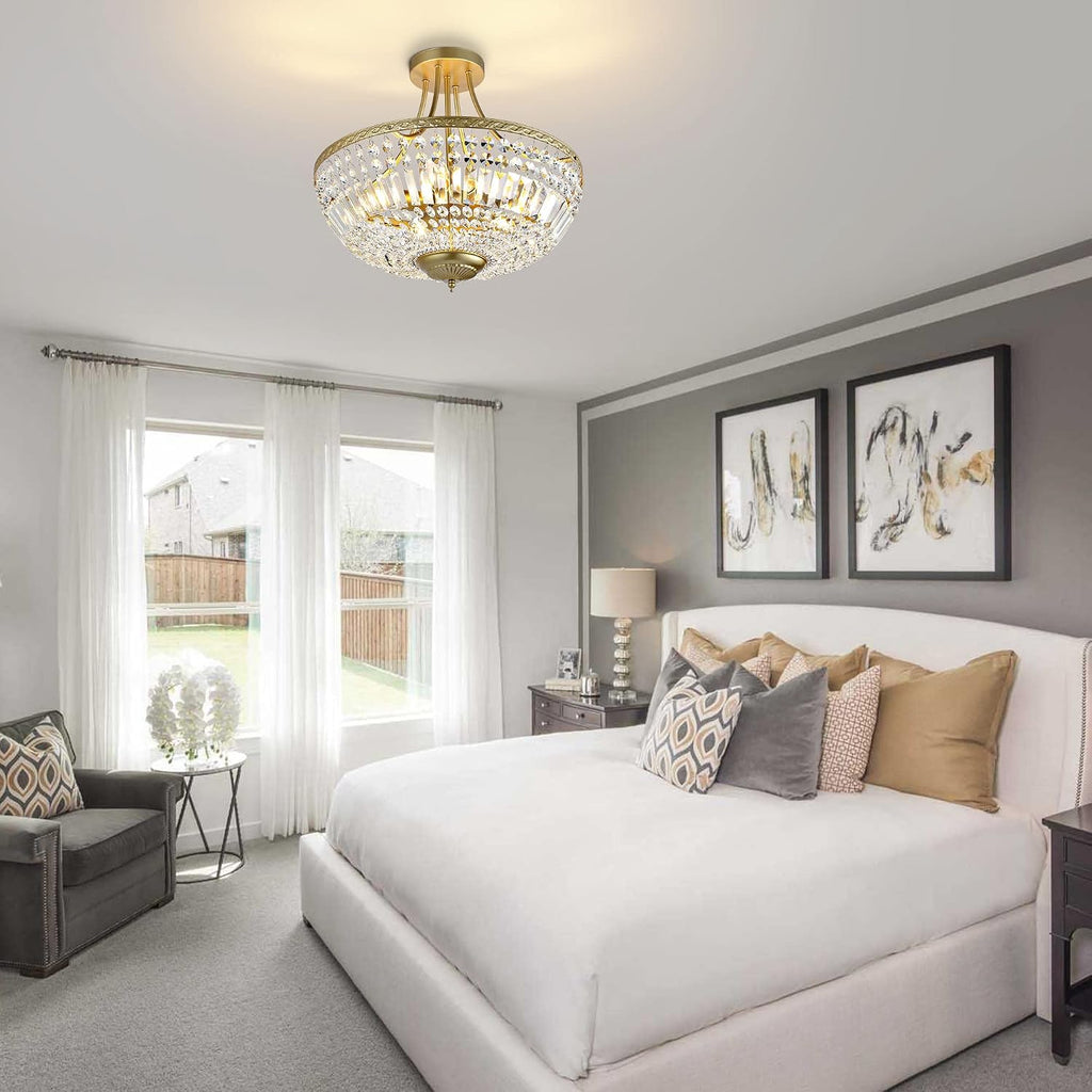 19.5 Inch Crystal Ceiling Light Fixture, 5-Light Raindrop Semi Flush Mount Chandelier, Modern Round Close to Ceiling
