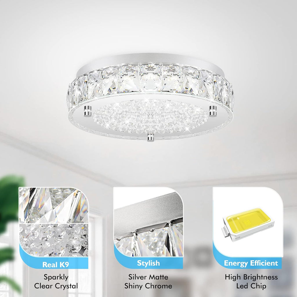 Crystal Chandeliers Flush Mount LED Ceiling Light Fixture, 5000K Daylight White Super Bright 1980LM 11-Inch Dimmable