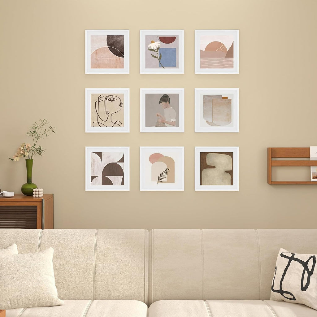 12x12 Frame Set of 9, 12 by 12 Square Picture Frames with Plexiglass for Picture 8x8 with Mat or 12x12 without Mat