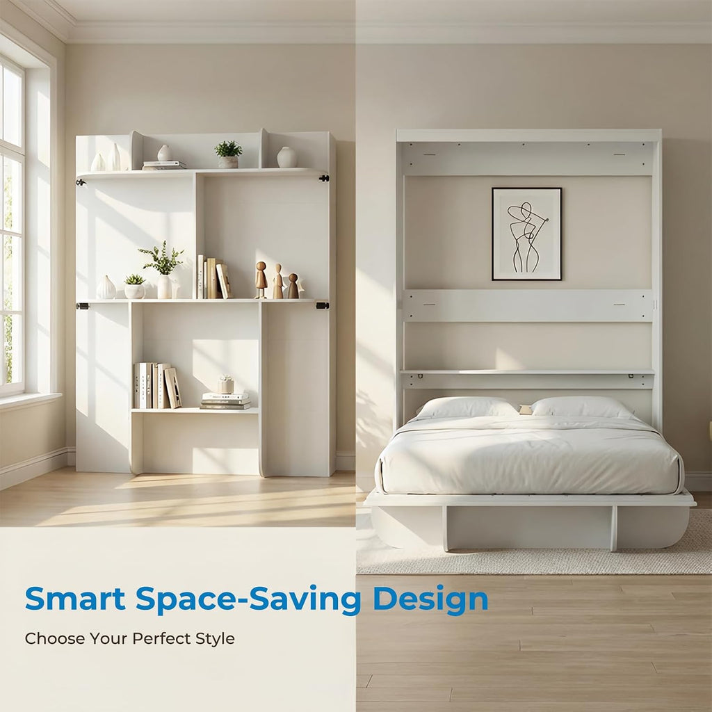 Queen Wall Murphy Bed with Storage Shelf, Queen Wall Beds Cabinet Murphy Beds with Bookshelf, Top Cabinet Bedframe