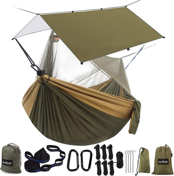 Hammock Camping with Rain Fly Tarp and Net, Portable Camping Hammock Double Tree Hammock Outdoor Indoor Backpacking
