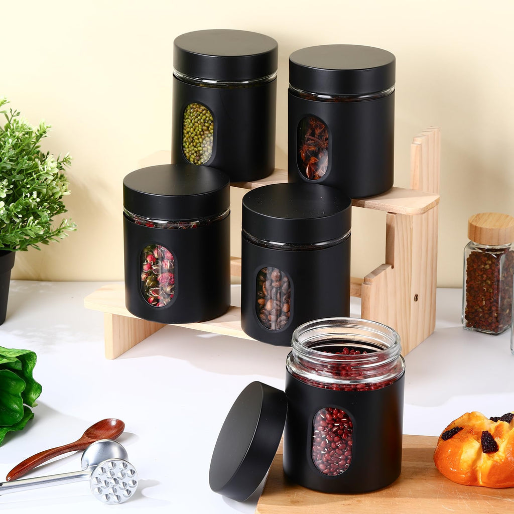 6 Pack Airtight Stainless Steel Kitchen Canisters, Black, 20 oz