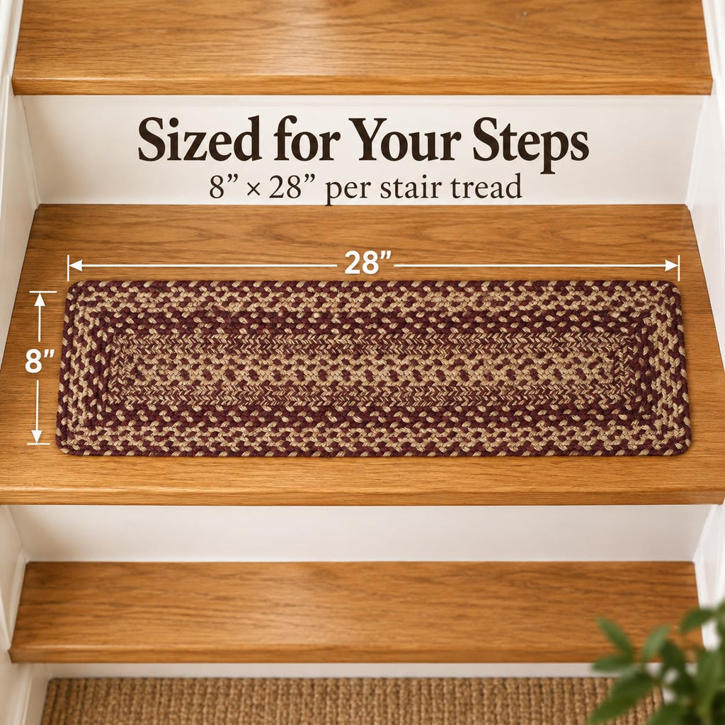 Rustic Trails Jute Stair Tread, Burgundy & Tan, 8x28, Rect.