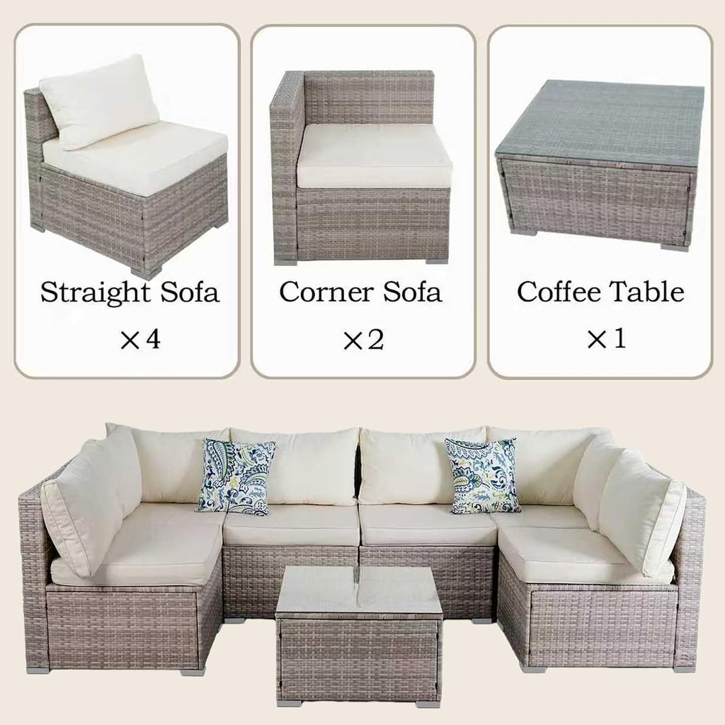 7 Piece Patio Furniture Sets, Rattan Conversation Sectional Set with Glass Table Outdoor Patio Sofa with Thick