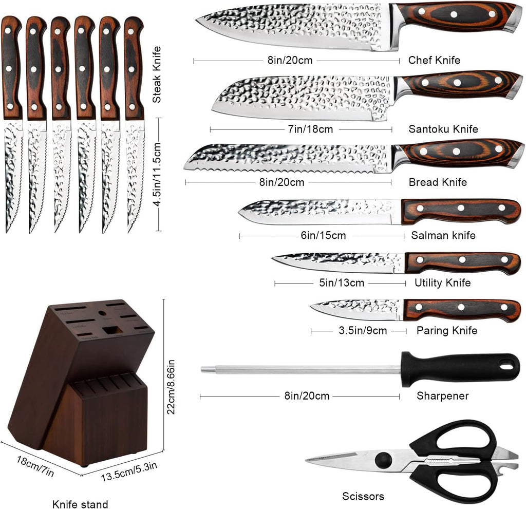 Kitchen Knife Sets with Block, 15-Piece High Carbon Stainless Steel Knife Block Set with Sharpener, Ultra-Sharp
