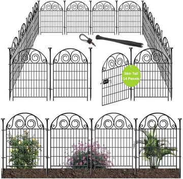 Tall Garden Animal Barrier Fence with Gate, 36 in(H)×30.6 Ft(L) 14 Panels Dog Digging Fence Barrier, Black Heavy Duty