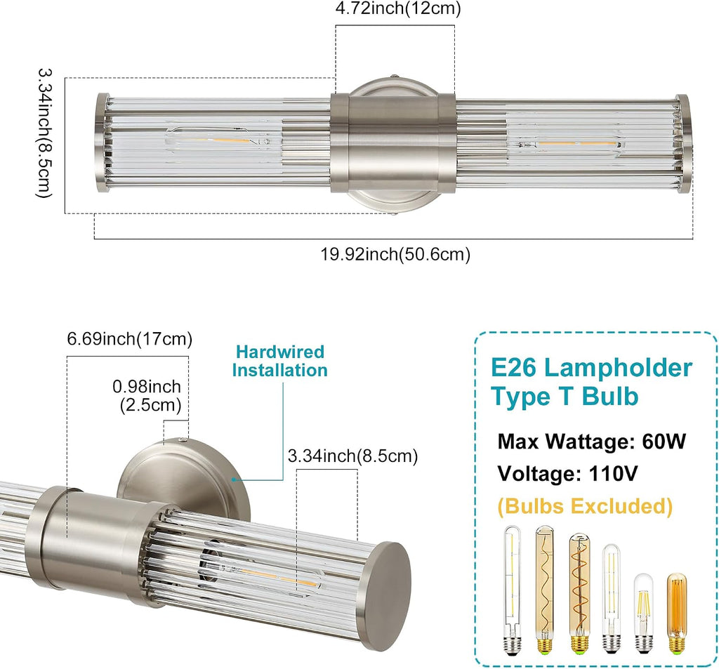 Hardwired Nickel Bathroom Vanity Light Glass Rod Wall Sconce | Up & Down Bidirectional Lighting, Damp Rated s
