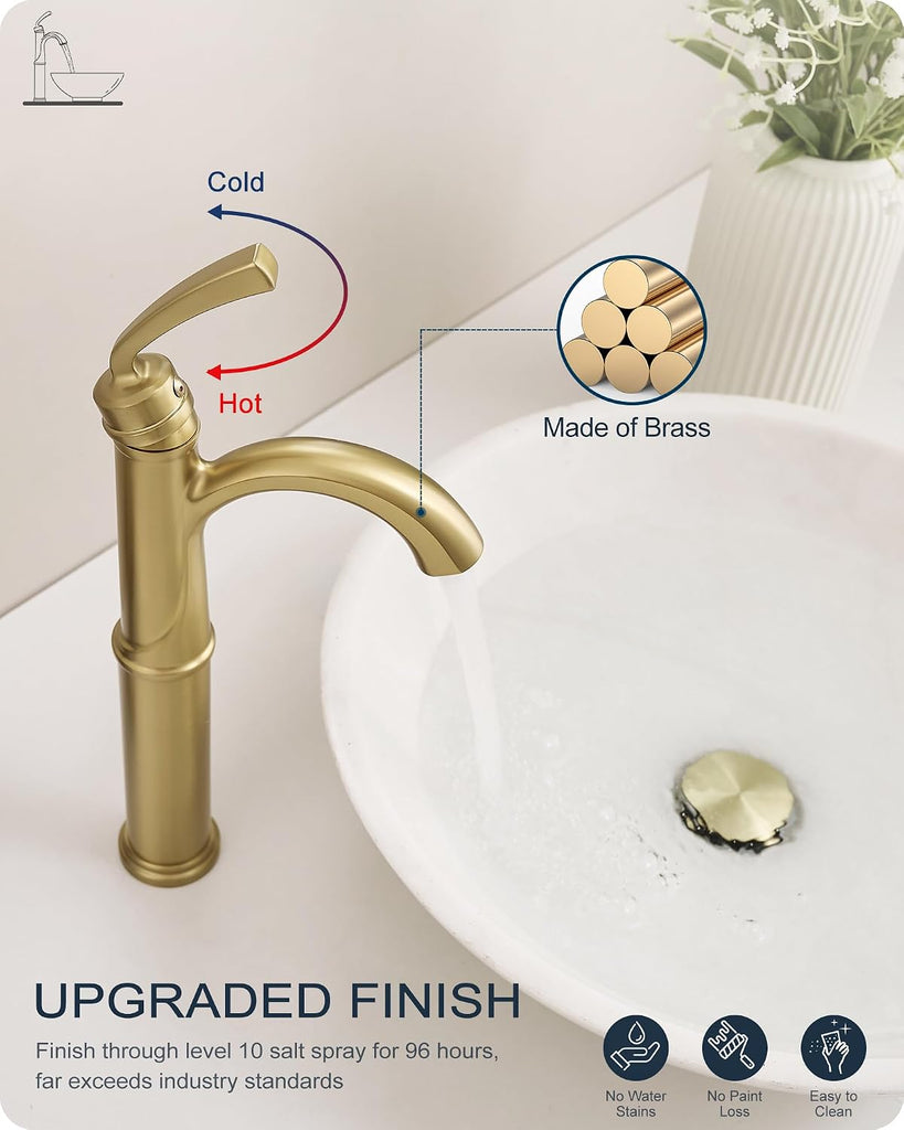 Gold Vessel Sink Faucet, Brass Tall Bathroom Sink Faucet One Hole with 1 Handle, Pop Up Drain