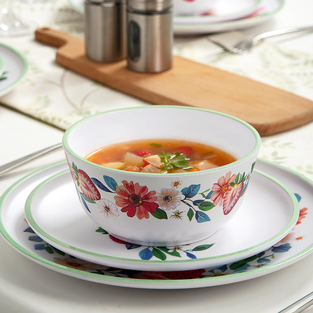 12-Piece Strawberry Melamine Dinnerware Set for 4, Floral Pattern
