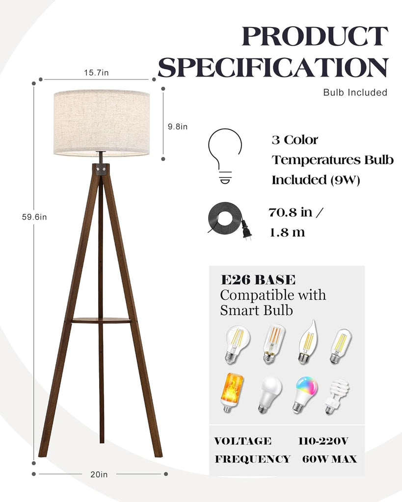 Tripod Floor Lamp with Table, Mid Century Wood Shelf Standing Light Modern Tall Floor Lamp with Linen Shade Bedroom
