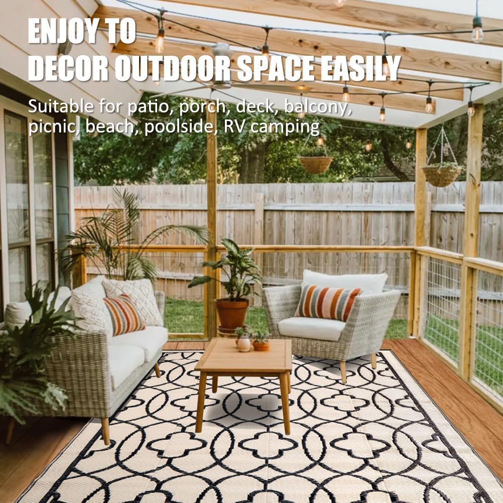 Outdoor Rug Waterproof 8x10 ft Outdoor Carpet Patio Rug Black Beige
