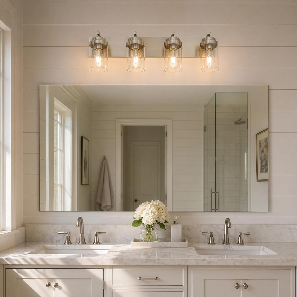 4-Light Bathroom Light Fixtures, Brushed Nickel Vanity Lights | Modern Bathroom Lighting Fixtures Over Mirror, Vanity