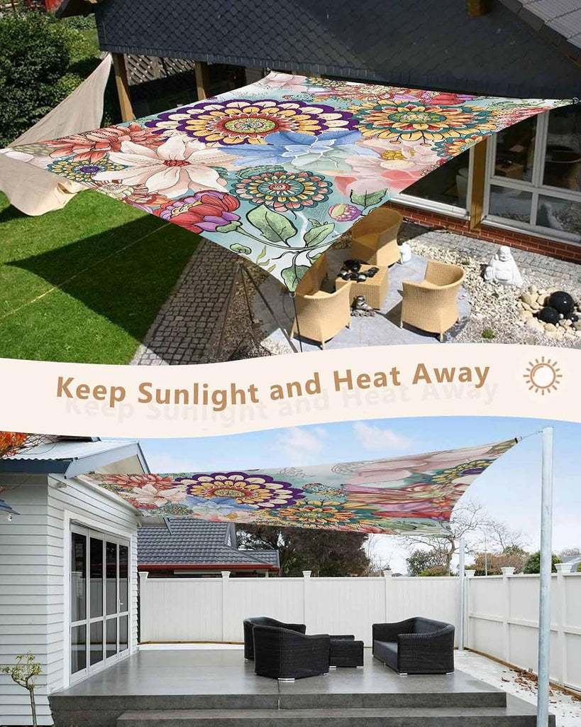 Sun Shade Sail 8'x10' Boho Floral Rectangle Sun Shade Sails Canopy Waterproof Mandala Flowers Plant Outdoor Sunshades