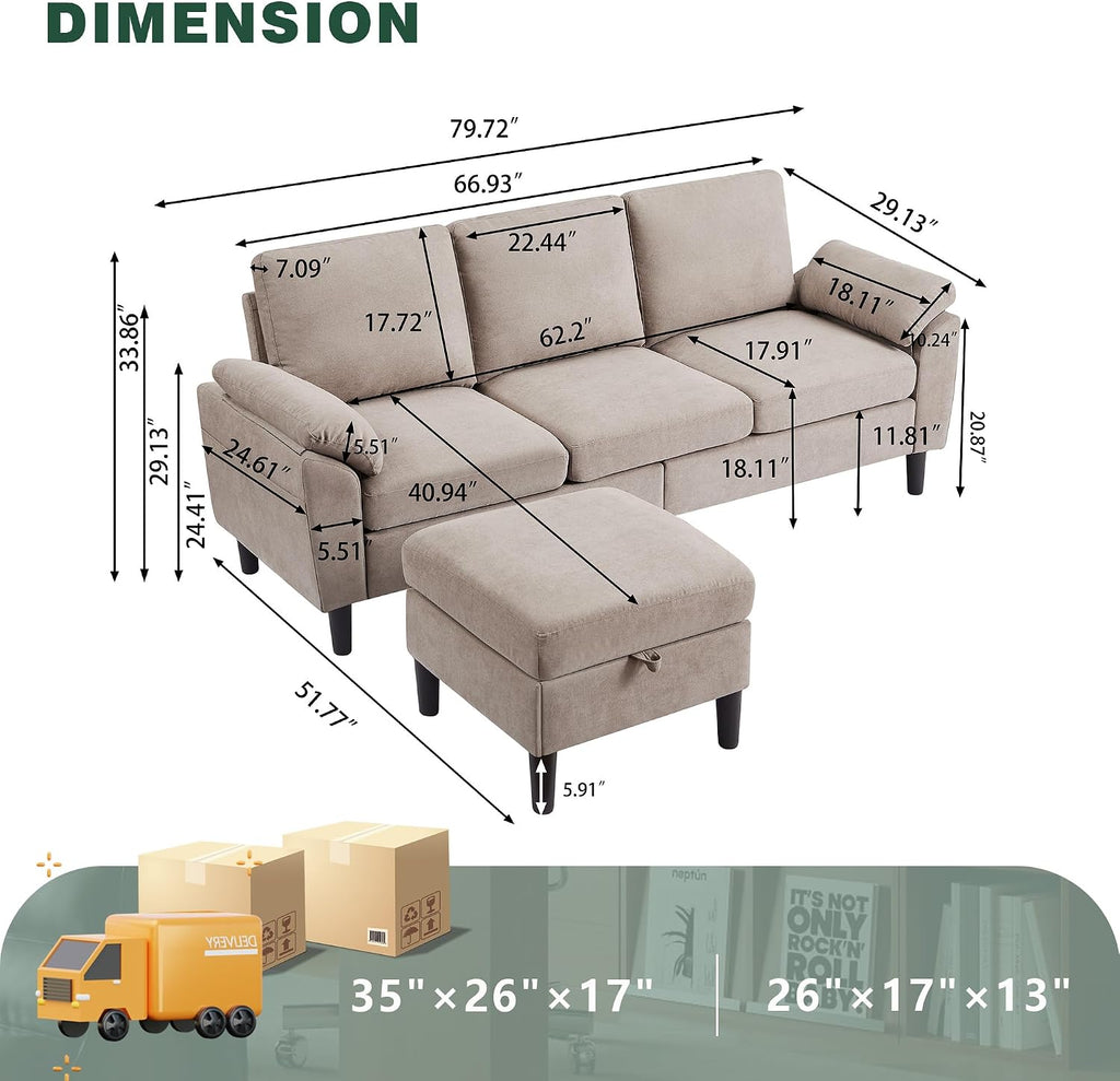 80" Convertible Sectional Sofa, Small L Shaped 3 Seat Couch with Reversible Storage Chaise