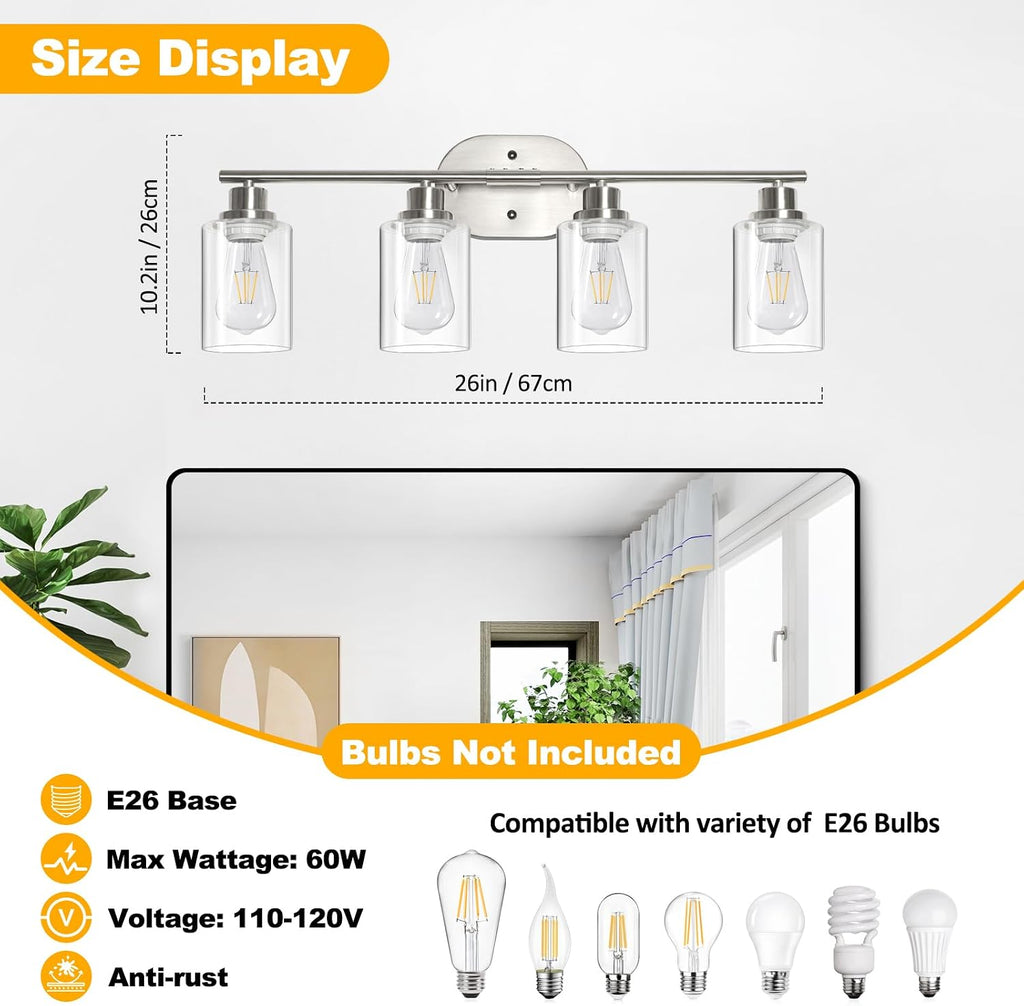 Bathroom Light Fixtures, 4 Light Vanity Lights , Brushed Nickel Wall Lamp with Clear Glass for Mirror, Living Room