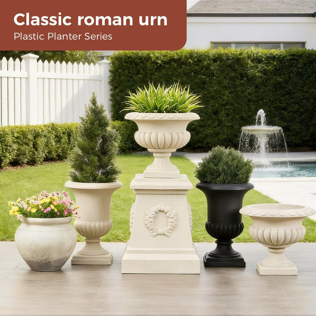 20" H Large Plastic Roman Urn Planter with 28" Tall Decorative Pedestal | Faux Sandstone/Marble Finish