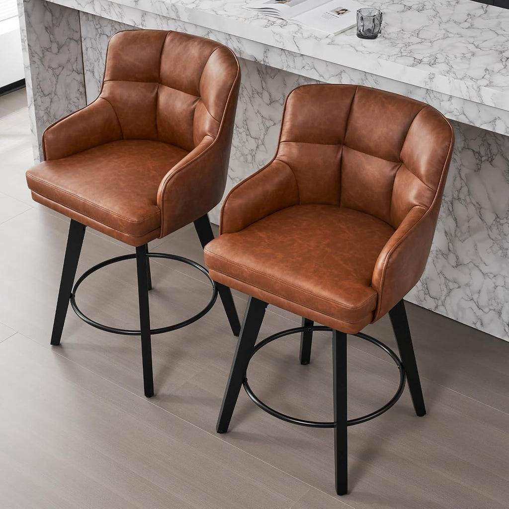360°Swivel Counter Height Bar Stools with Back, 26 inch Solid Wood Legs, Bar Stool Modern Kitchen Island Chairs, Faux