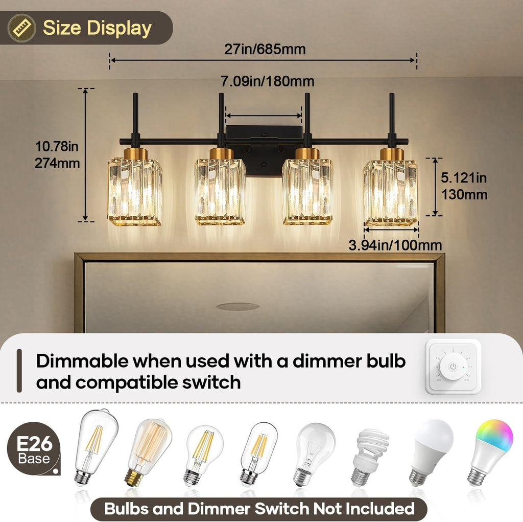Modern Crystal Bathroom Vanity Light 4-Lights Gold Bathroom Light Fixtures Over Mirror Black and Gold Vanity Lighting