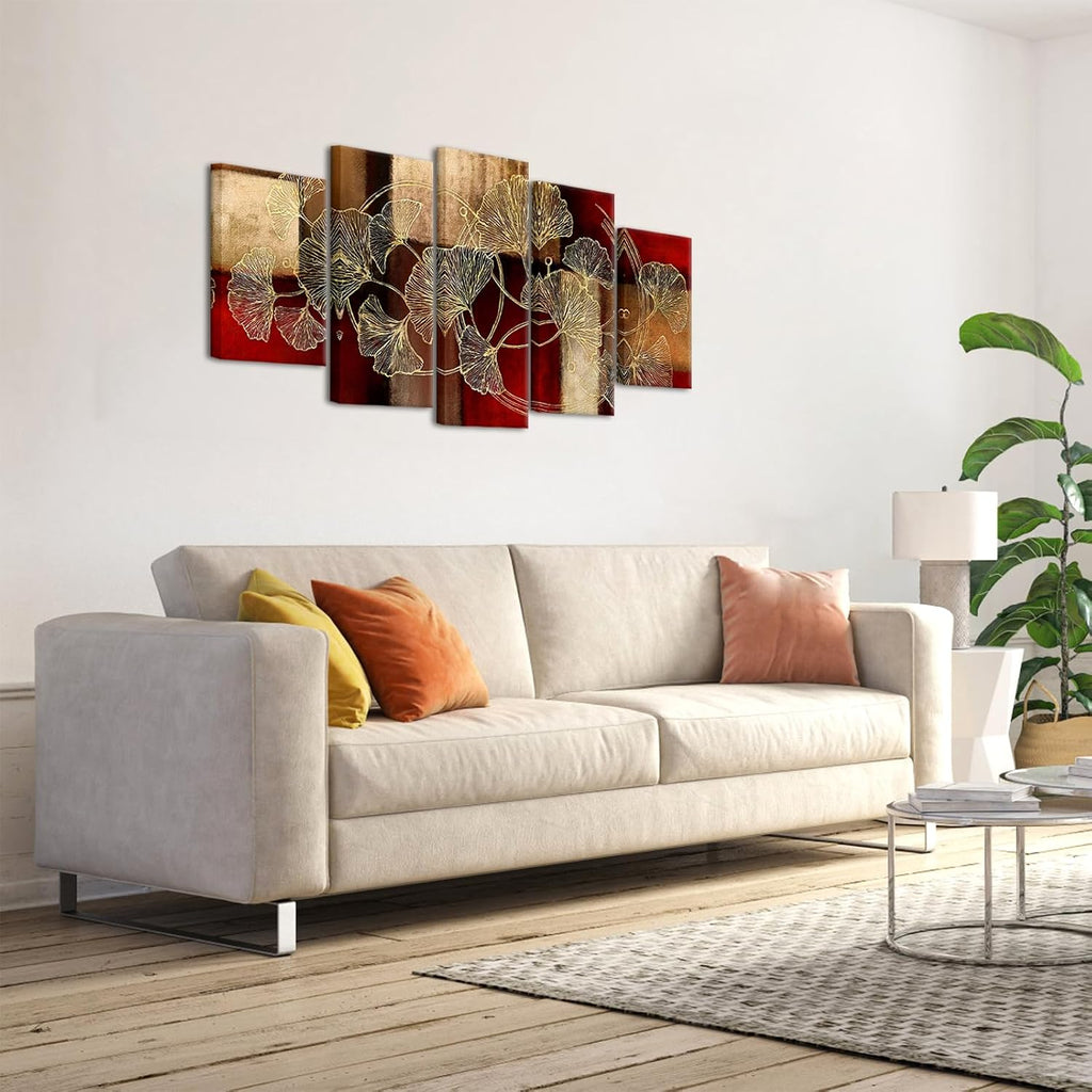Large 5 Piece Abstract Canvas Wall Art Gold Ginkgo Leaf Paintings Prints Modern Burgundy and Brown Home Living Room