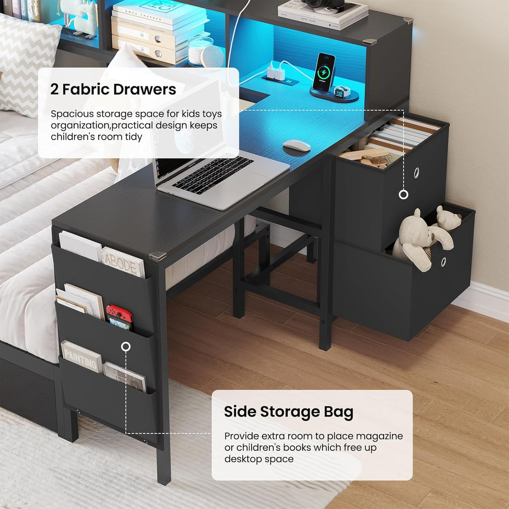 Corner Twin Bed Frame with Desk,Charging Station and Bookcase Storage Twin Size Daybed for Kids/Teen with Storage