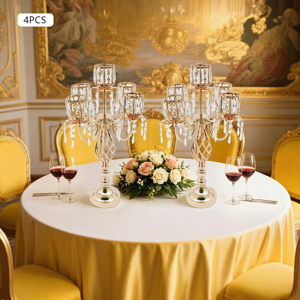 5-Arm Crystal Candelabra Centerpiece, 4PCS Gold Luxury Candle Holder | Fit 2.75 Inch LED Electronic Candles, for