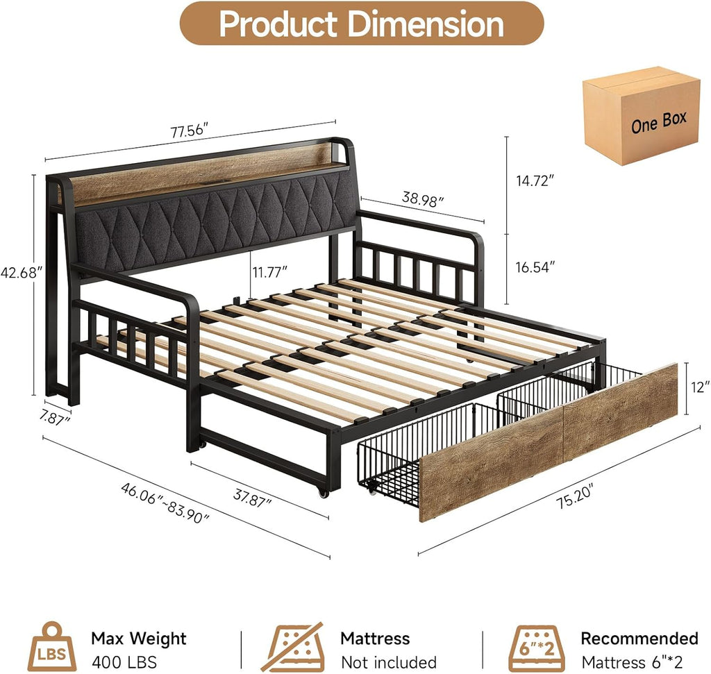 Twin to King Daybed, Convertible Sofa Bed with Trundle, Black | with Power Outlet, Padded Headboard, Storage Drawers