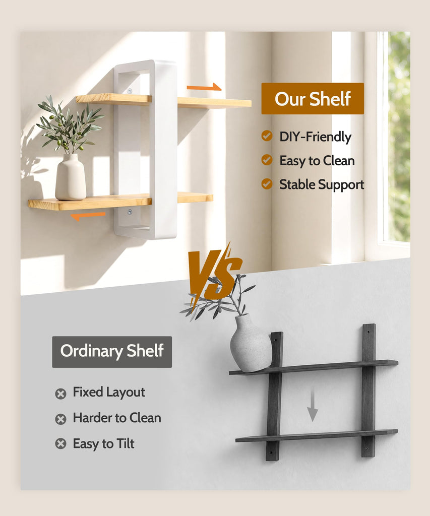 Floating Shelves for Wall White Wood, 2 Tier Adjustable Shelf Unit
