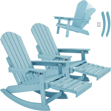 Adirondack Rocking Chairs Set of 2, with Footrest, All-Weather, Blue | 5- Level Adjustable Backrest, Retractable
