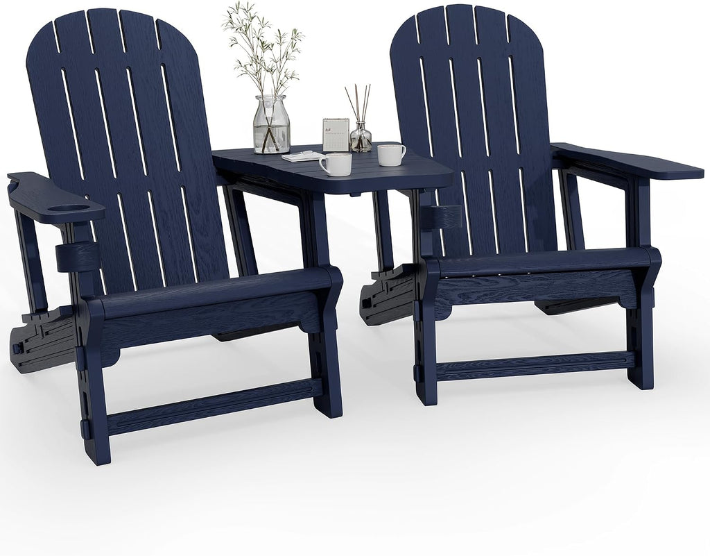 Adirondack Chairs Set of 2 with Removable Tabletop, Outdoor HDPE Plastic Fire Pit Chair Set with Wooden Textured, Cup