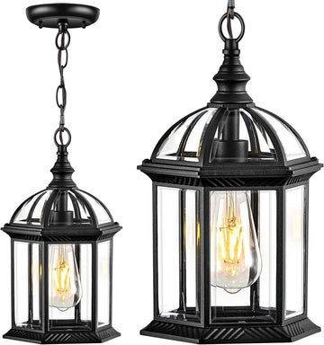 13.8" Large Outdoor Pendant Light Fixture, Black Hanging Porch Lights with Tempered Glass, Anti-Rust