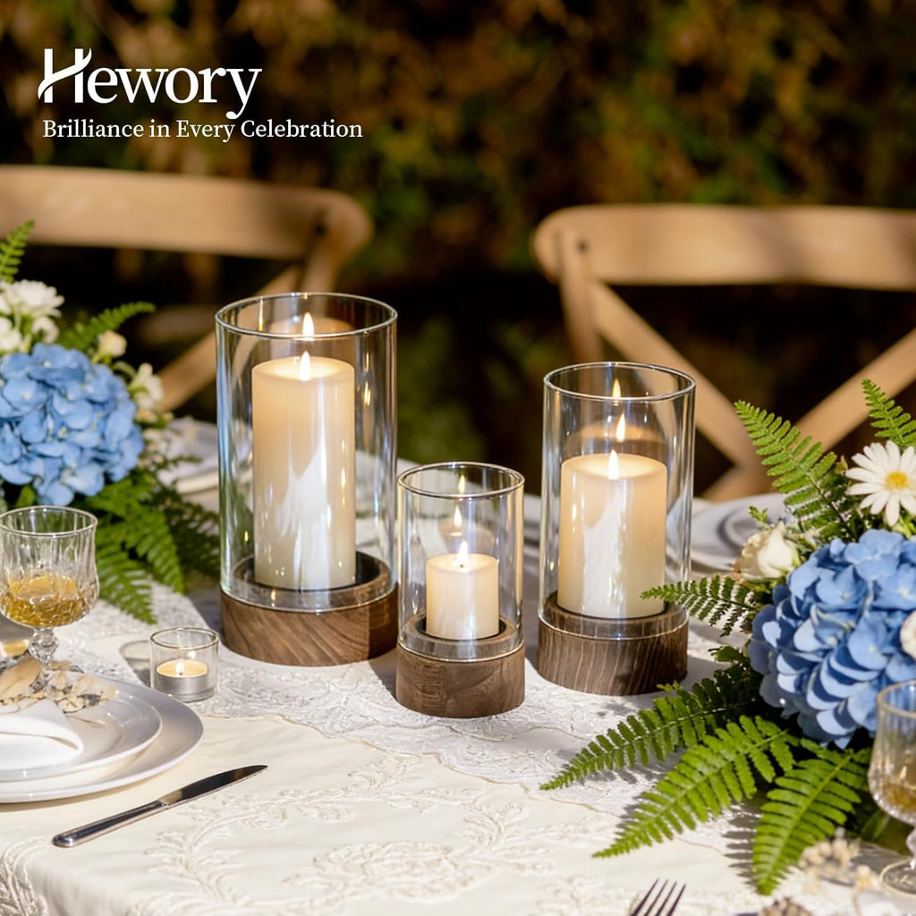 Hurricane Glass Candle Holder : Set of 3 Rustic Brown Candle Holders for Pillar Candles, Vintage Decorative Wood