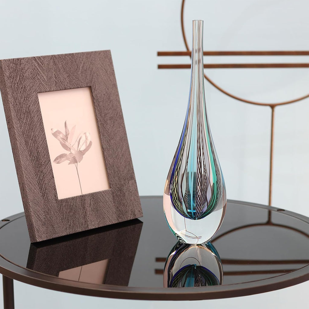 Murano Style Art Glass Drop Vase Hand Blown Blue Boho Effect Home Decor