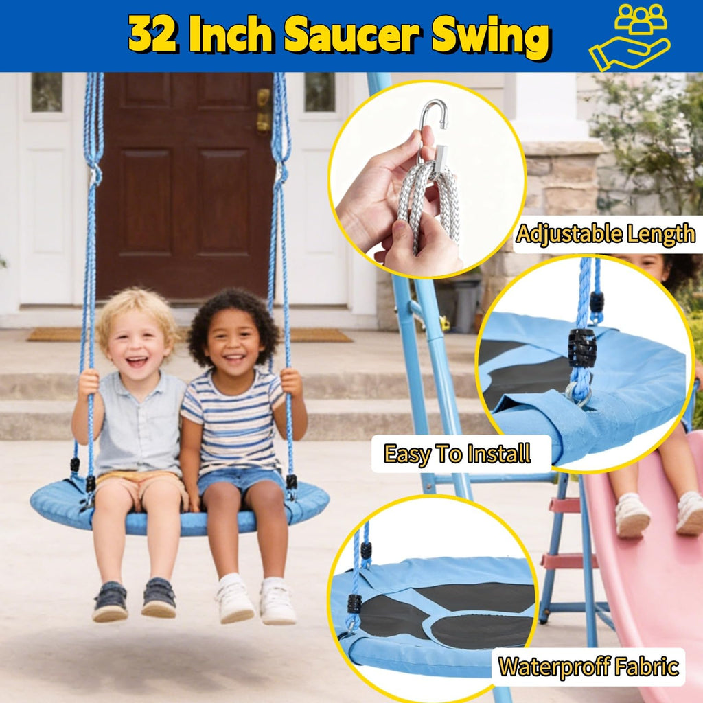 Swing Sets for Backyard with Slide 440lbs Heavy-Duty Metal A-Frame Outdoor Kids Playset with 1 Saucer Swing 1 Belt
