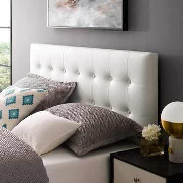 Tufted Button Faux Leather Upholstered Queen Headboard in White